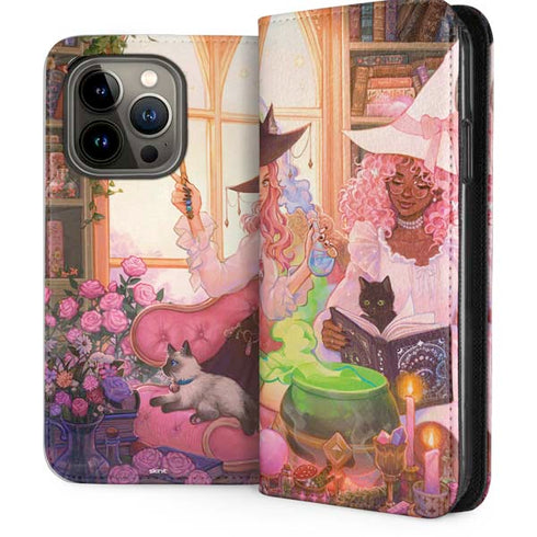 Pink Anime Witch Girls in Library with Cats by Ivy Dolamore iPhone 14 Pro Folio Case