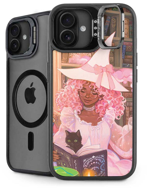Pink Anime Witch Girls in Library with Cats by Ivy Dolamore iPhone 16 Plus Kickstand Case