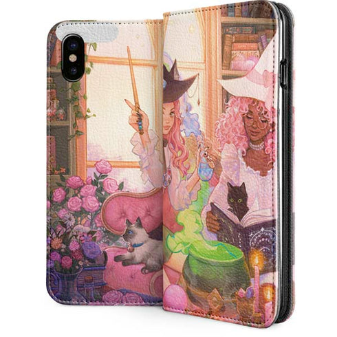 Pink Anime Witch Girls in Library with Cats by Ivy Dolamore iPhone 8 Folio Case