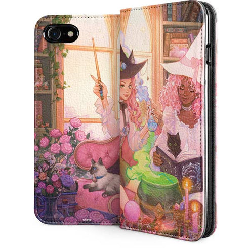 Pink Anime Witch Girls in Library with Cats by Ivy Dolamore iPhone SE (2nd & 3rd Gen) Folio Case