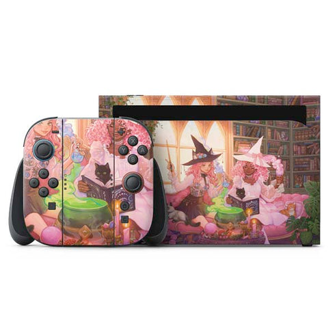 Pink Anime Witch Girls in Library with Cats by Ivy Dolamore Nintendo Skins