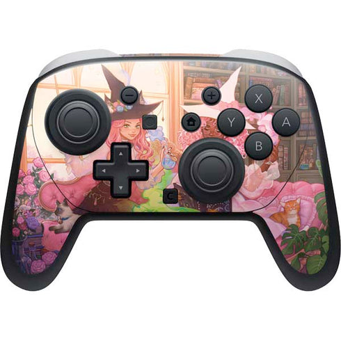 Pink Anime Witch Girls in Library with Cats by Ivy Dolamore Nintendo Switch 2 (2025) Pro Controller Skin
