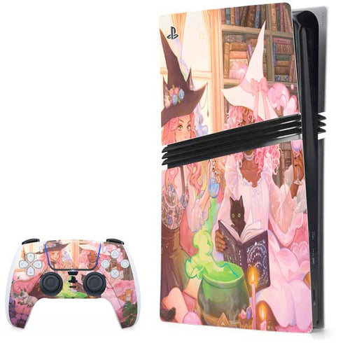 Pink Anime Witch Girls in Library with Cats by Ivy Dolamore PlayStation PS5 Skins