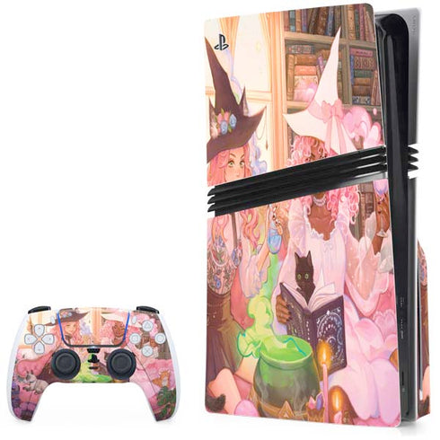 Pink Anime Witch Girls in Library with Cats by Ivy Dolamore PS5 Pro Disk Bundle Skin