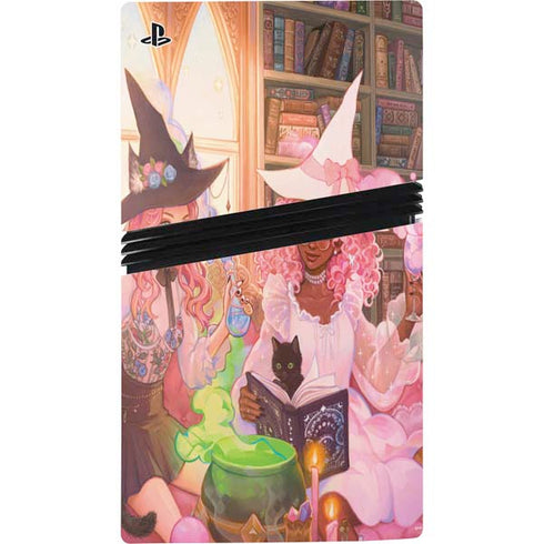 Pink Anime Witch Girls in Library with Cats by Ivy Dolamore PS5 Pro Disk Console Skin