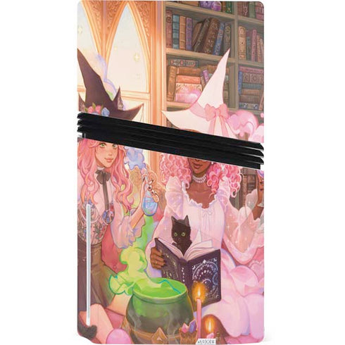 Pink Anime Witch Girls in Library with Cats by Ivy Dolamore PS5 Pro Disk Console Skin