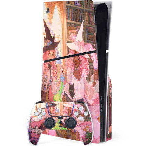 Pink Anime Witch Girls in Library with Cats by Ivy Dolamore PlayStation PS5 Skins