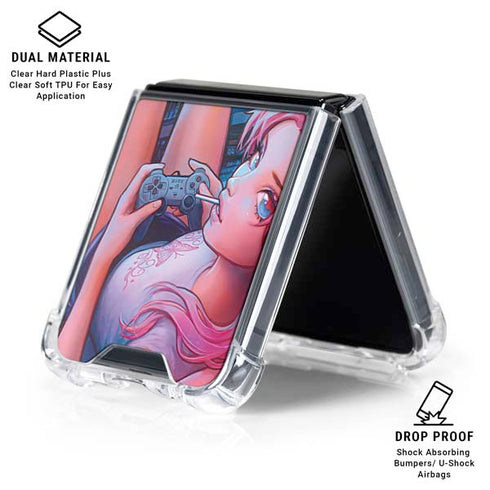 Pink Hair Anime Gamer Girl by Ivy Dolamore Galaxy Z Flip7 Clear Case