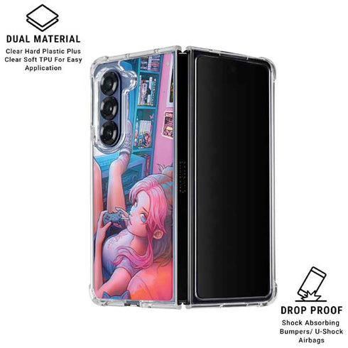 Pink Hair Anime Gamer Girl by Ivy Dolamore Galaxy Z Fold7 Clear Case