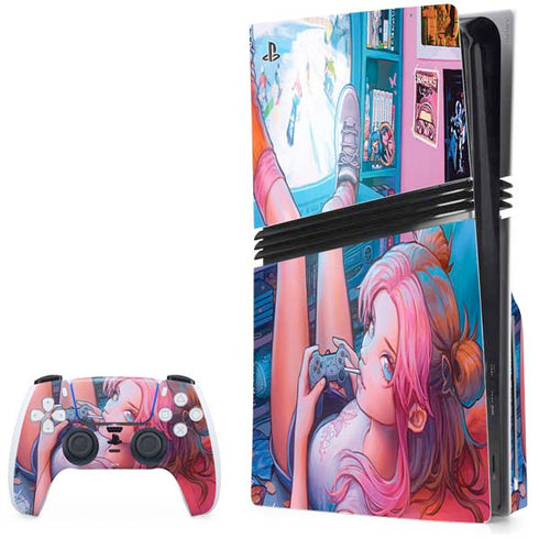 Pink Hair Anime Gamer Girl by Ivy Dolamore PS5 Pro Disk Bundle Skin