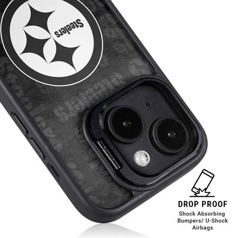 NFL Pittsburgh Steelers Black & White iPhone 15 Plus Kickstand Case