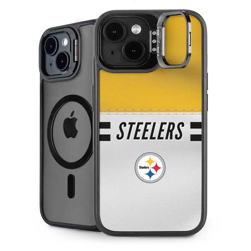 NFL Pittsburgh Steelers White Striped iPhone 15 Plus Kickstand Case