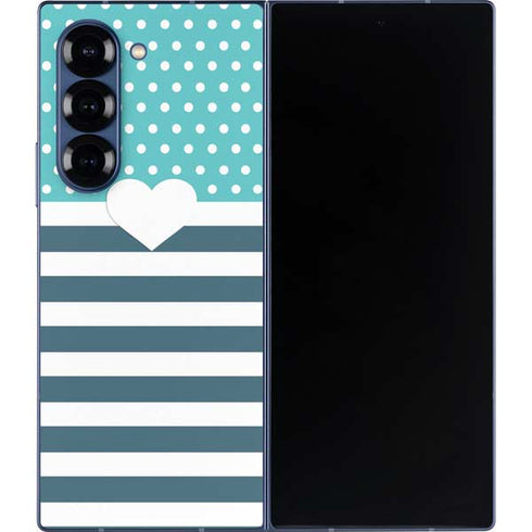 Polka Dots and Stripes Heart in Blue Galaxy Z Fold6 Skin