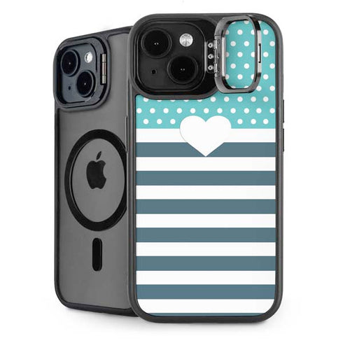 Polka Dots and Stripes Heart in Blue iPhone 14 Plus Kickstand Case