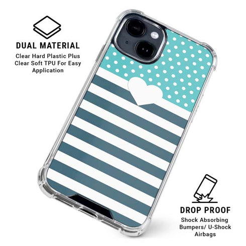 Polka Dots and Stripes Heart in Blue iPhone 15 Clear Case