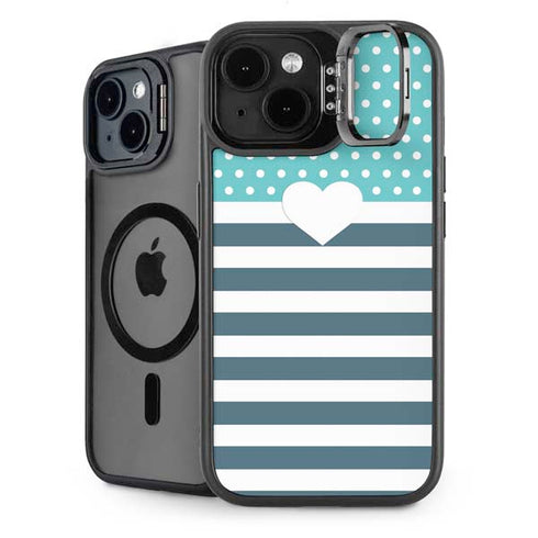 Polka Dots and Stripes Heart in Blue iPhone 15 Kickstand Case