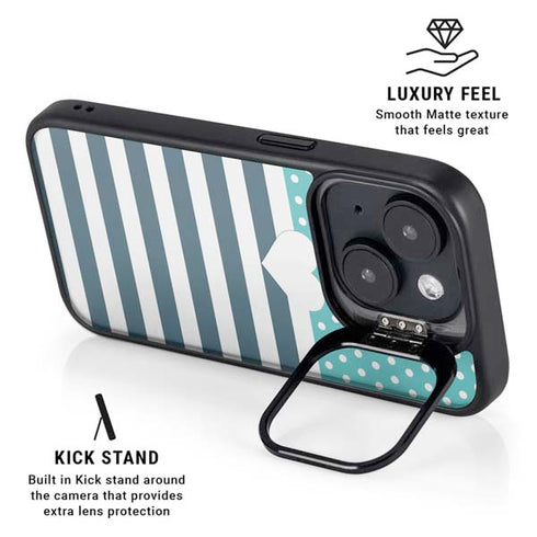 Polka Dots and Stripes Heart in Blue iPhone 15 Plus Kickstand Case