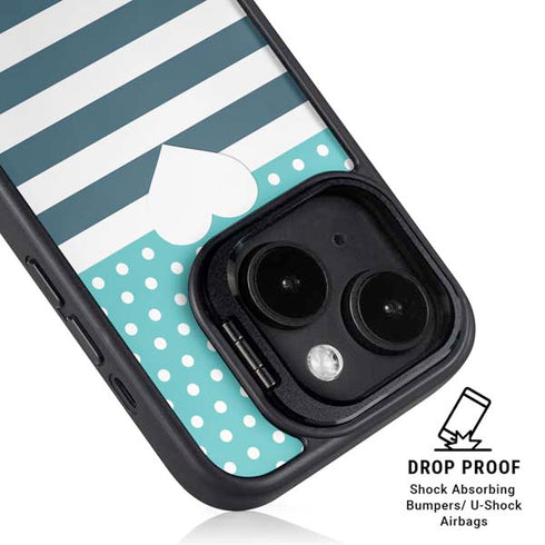 Polka Dots and Stripes Heart in Blue iPhone 15 Plus Kickstand Case