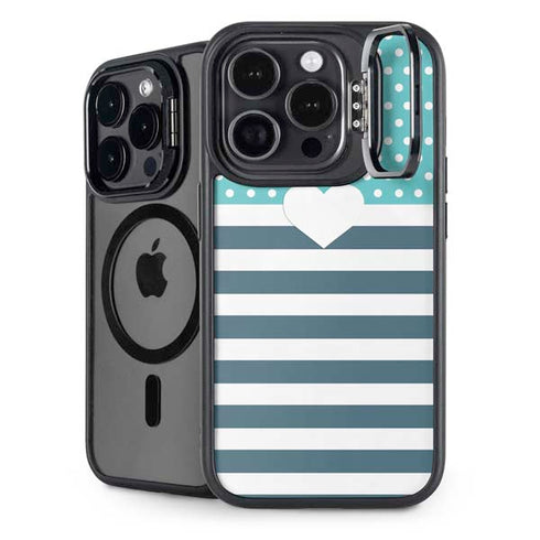 Polka Dots and Stripes Heart in Blue iPhone 15 Pro Kickstand Case