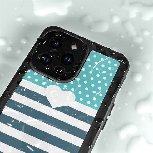 Polka Dots and Stripes Heart in Blue iPhone 15 Pro Waterproof Case