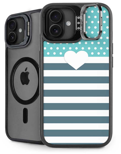 Polka Dots and Stripes Heart in Blue iPhone 16 Plus Kickstand Case
