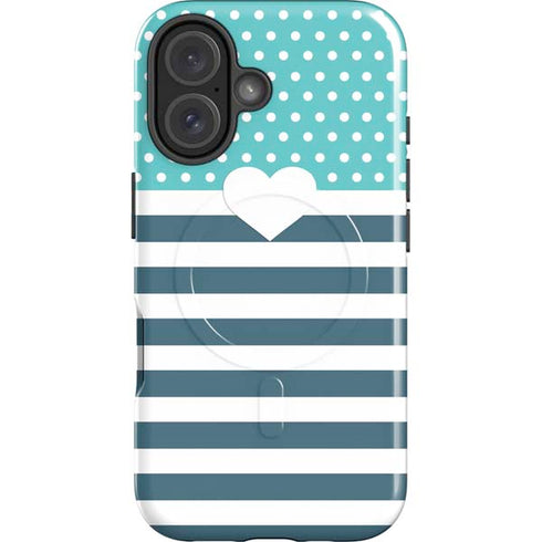 Polka Dots and Stripes Heart in Blue iPhone 16 Plus Magsafe Impact Case
