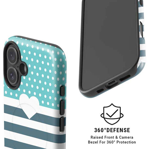 Polka Dots and Stripes Heart in Blue iPhone 16 Plus Magsafe Impact Case