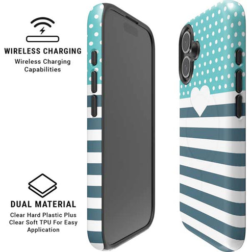 Polka Dots and Stripes Heart in Blue iPhone 16 Plus Magsafe Impact Case