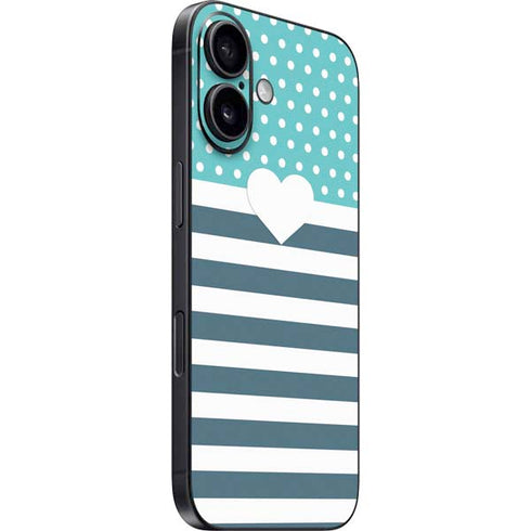 Polka Dots and Stripes Heart in Blue iPhone 16 Skin