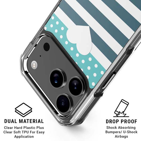 Polka Dots and Stripes Heart in Blue iPhone 18 Pro Clear Case