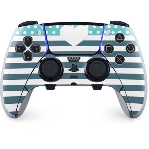 Polka Dots and Stripes Heart in Blue PS5 DualSense Edge Pro Controller Skin