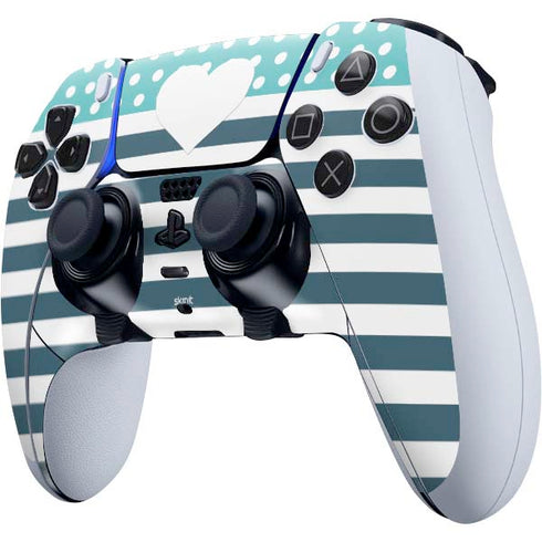 Polka Dots and Stripes Heart in Blue PS5 DualSense Edge Pro Controller Skin