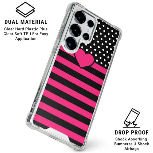 Polka Dots and Stripes Heart in Pink Galaxy S25 Ultra Clear Case