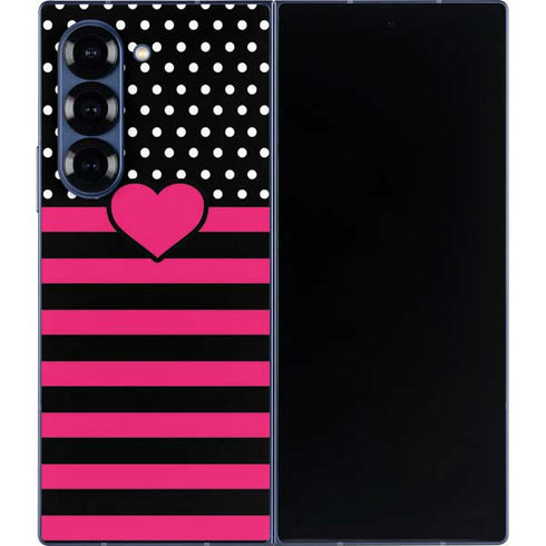 Polka Dots and Stripes Heart in Pink Galaxy Z Fold6 Skin