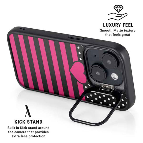 Polka Dots and Stripes Heart in Pink iPhone 14 Kickstand Case