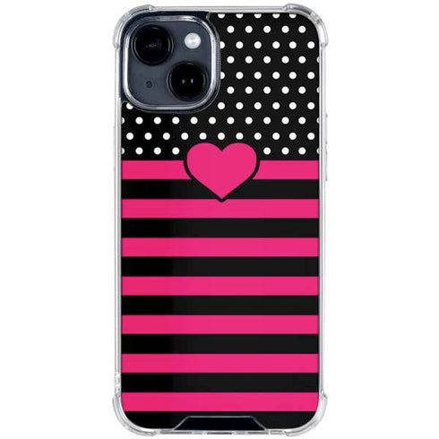 Polka Dots and Stripes Heart in Pink iPhone 15 Clear Case