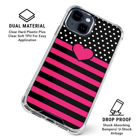 Polka Dots and Stripes Heart in Pink iPhone 15 Clear Case