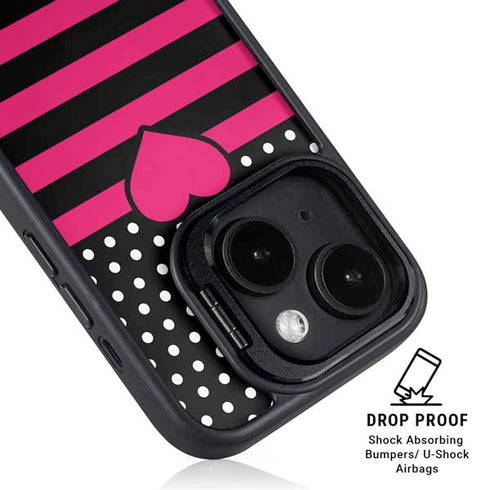 Polka Dots and Stripes Heart in Pink iPhone 15 Plus Kickstand Case