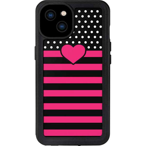 Polka Dots and Stripes Heart in Pink iPhone 15 Plus Waterproof Case