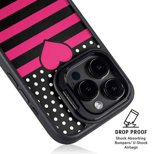 Polka Dots and Stripes Heart in Pink iPhone 15 Pro Kickstand Case