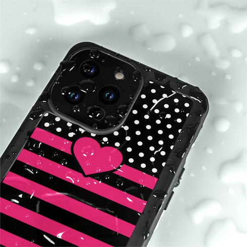 Polka Dots and Stripes Heart in Pink iPhone 15 Pro Waterproof Case