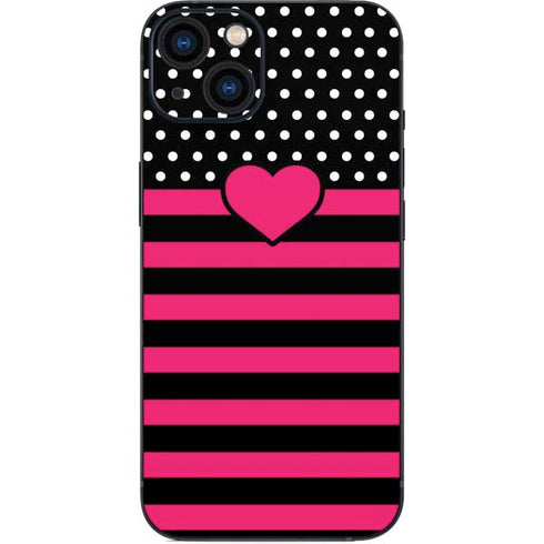 Polka Dots and Stripes Heart in Pink iPhone 15 Skin