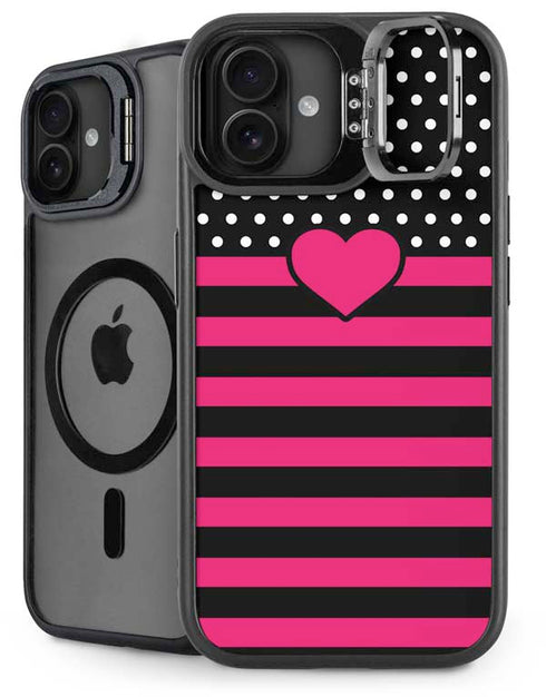 Polka Dots and Stripes Heart in Pink iPhone 16 Kickstand Case