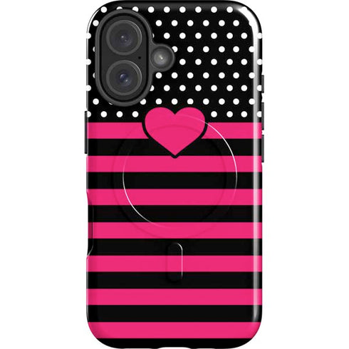 Polka Dots and Stripes Heart in Pink iPhone 16 Magsafe Impact Case