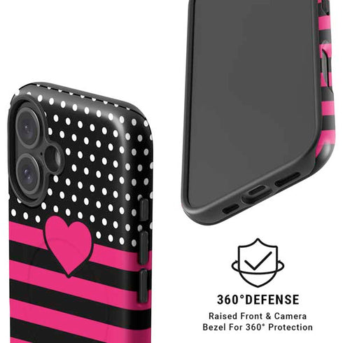 Polka Dots and Stripes Heart in Pink iPhone 16 Magsafe Impact Case