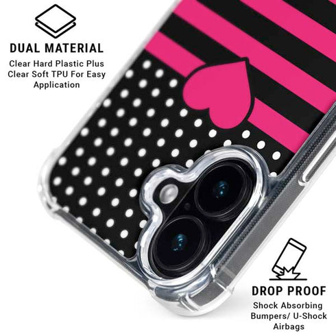Polka Dots and Stripes Heart in Pink iPhone 16 Plus Clear Case