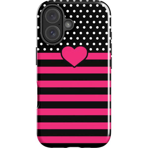 Polka Dots and Stripes Heart in Pink iPhone 16 Plus Impact Case