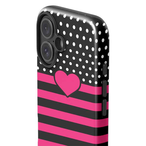 Polka Dots and Stripes Heart in Pink iPhone 16 Plus Impact Case