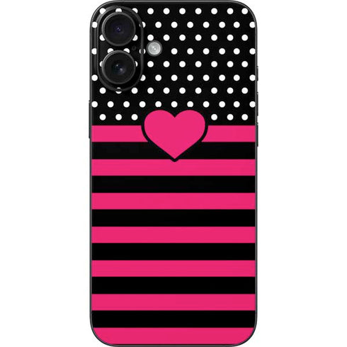 Polka Dots and Stripes Heart in Pink iPhone 16 Plus Skin