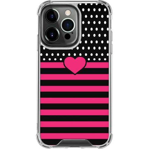 Polka Dots and Stripes Heart in Pink iPhone 16 Pro Clear Case